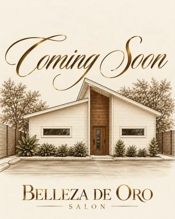 Sketch of the new Belleza De Oro Salon building with Coming Soon in gold script