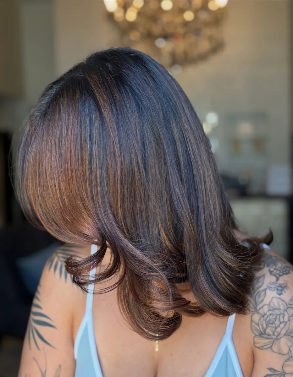 Rich brunette with copper ribbons for fall