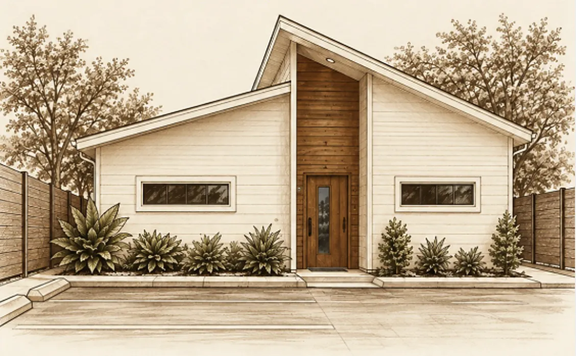 Sketch of Belleza De Oro Salon's second location, a modern building with a wood-paneled entry