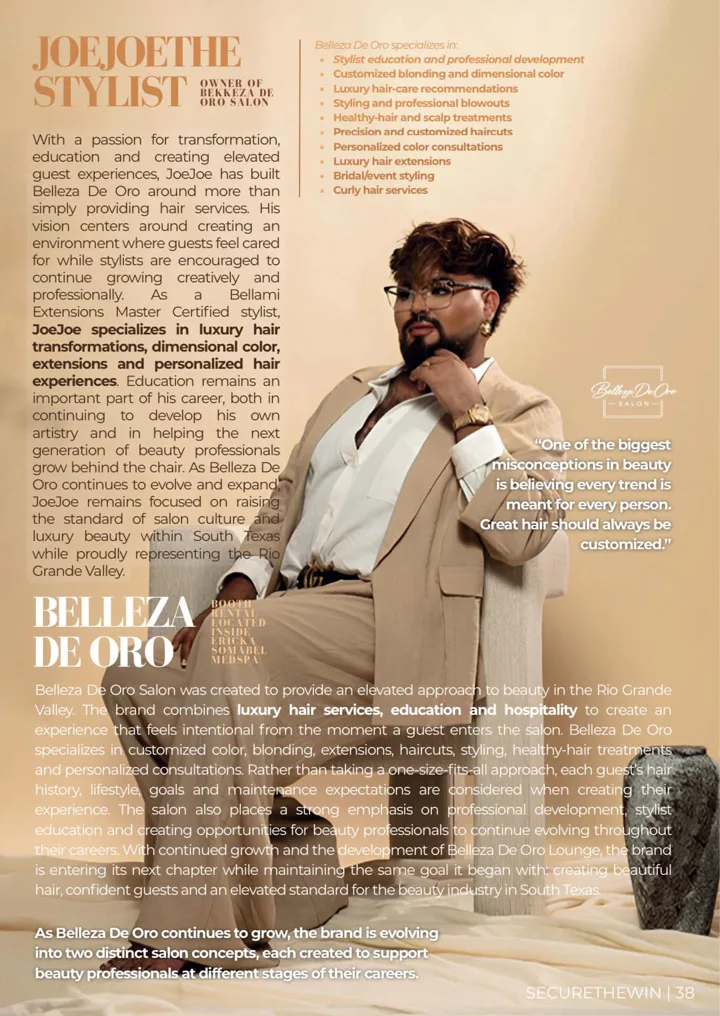 Page 38 of Secure The Win Magazine: a feature on JoeJoe the Stylist and Belleza De Oro Salon, with JoeJoe seated in a tan suit